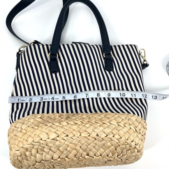 Talbots Navy Striped Canvas Corn Husk Straw Woven Bucket Bag Shoulder Purse - Picture 14 of 16